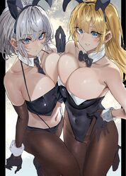 2girls animal_ears azur_lane bangs bare_arms bare_shoulders black_gloves black_legwear black_leotard black_neckwear blonde_hair blue_eyes bow bowtie breast_press breasts bunny_ears cleavage collarbone covered_navel detached_collar gloves hand_on_hip large_breasts leotard long_hair looking_at_viewer multiple_girls navel north_carolina_(azur_lane) pantyhose playboy_bunny short_hair signo_aaa silver_hair smile washington_(azur_lane) wrist_cuffs