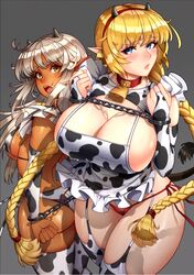 2girls apron ass bare_thighs bell bell_collar big_breasts bikini bikini_bottom blue_eyes blush bondage bound bound_wrists breasts cleavage cow_bikini cow_girl cow_print curvy dark-skinned_female elf embarrassed female female_only femsub grey_hair handcuffs horned_female horned_humanoid horns mikeymegamega multiple_subs no_bra open_mouth original original_character pale-skinned_female panties red_panties side-tie_panties slave stockings string_panties thick_thighs thighhighs underwear wide_hips yellow_eyes