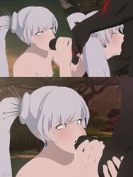 all_the_way_to_the_base black_penis blowjob blowjob_face blue_eyes comic comic_page completely_nude cum cum_in_mouth deepthroat fellatio female forced_deepthroat grimm_(rwby) human interspecies male monster necromalock oral pale_skin ponytail rwby tagme weiss_schnee white_hair