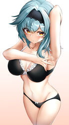 absurdres arm_across_chest arm_up armpits bangs black_bra black_hairband black_panties blue_hair blush bra breasts closed_mouth collarbone cowboy_shot eula_(genshin_impact) eyebrows_visible_through_hair female frilled_bra frills genshin_impact gr_greeze gradient gradient_background hairband highres large_breasts legs_together looking_at_viewer matching_underwear medium_hair navel panties simple_background solo standing thighs underwear wide_hips yellow_eyes