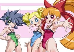 3girls blossom_(powerpuff_girls) breasts bubbles_(powerpuff_girls) buttercup_(powerpuff_girls) cartoon_network hikawadou kaoru_matsubara leotard miyako_gotokuji momoko_akatsutsumi multiple_girls powerpuff_girls powerpuff_girls_z skirt small_breasts