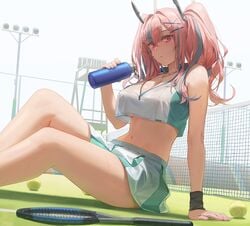 azur_lane big_breasts bremerton_(azur_lane) bremerton_(scorching-hot_training)_(azur_lane) cleavage clothed lace-trimmed_bra large_breasts looking_at_viewer outdoors pink_hair red_eyes sitting sweat tennis_court tennis_racket tennis_uniform translucent translucent_clothing twintails two_tone_hair underboob yohan1754