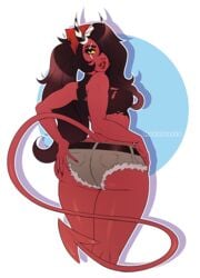 1girls ass black_hair busty clothed demon demon_horns demon_tail female helluva_boss horns imp kokobuttz looking_at_viewer looking_back plump_ass plump_lips red_body red_skin ripped_clothing sallie_may_(helluva_boss) scar solo vivienne_medrano