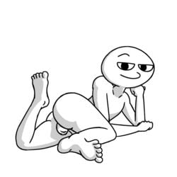 1boy 2021 absurd_res ass bald big_ass black_eyes feet flurk full_body greyscale head_rest highres laggy_boii looking_at_viewer lying male male_only meme monochrome original penis soles solo stonetoss testicles thick_thighs thighs toes transparent_background white_body