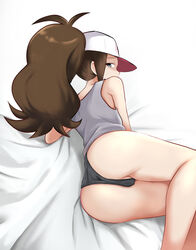 1girls ass bed black_panties blue_eyes brown_hair eye_contact female hat hilda_(pokemon) large_ass long_hair looking_at_viewer nintendo on_bed panties partially_visible_vulva pokemon pokemon_bw ponytail r_sin reversein thighs