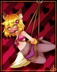 absurd_res animal_ear_fluff animal_ears arms_behind_back background ball_gag bare_shoulders belly belly_button blush blush_lines bondage bound bound_ankles bound_arms bound_legs bra fishnet_stockings fox fox_ears fox_girl fox_tail foxgirl full_body gag heart hi_res lingerie mesh mishi myllouxdelusion panties_under_pantyhose pantyhose pink_bra pink_panties senko_(sewayaki_kitsune_no_senko-san) sewayaki_kitsune_no_senko-san short_hair socks suspension tail yellow_ears yellow_eyes yellow_hair yellow_tail