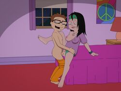 1boy 1boy1girl 4_fingers 4_toes accurate_art_style american_dad barefoot bed bedroom biting_lip black_hair breasts brother_and_sister brown_hair creampie cum cum_in_pussy cum_inside erect_clitoris feet female fluids glasses hayley_smith headband incest light_skin lip_biting missionary_position night nipples official_style open_mouth sfan soles standing_on_one_leg standing_sex steve_smith vaginal_penetration