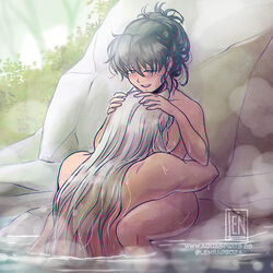 1boy 1boy1girl 1girls aquarina bathing breast_nuzzle breasts breasts_on_face dog_ears dogboy duo face_on_breast female hair_up hot_spring inuyasha inuyasha_(character) kagome_higurashi long_hair male naked nude pale_skin straight water white_hair