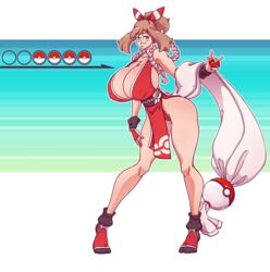 1girls 2021 alternate_breast_size blue_eyes breasts brown_hair cleavage color cosplay fatal_fury female female_only gameplay_mechanics huge_breasts human king_of_fighters looking_at_viewer mai_shiranui_(cosplay) may_(pokemon) may_(pokemon_oras) n647 nintendo nipple_bulge pokeball pokemon pokemon_battle pokemon_oras short_hair smile smiling socks solo thick_thighs thin_waist top_heavy voluptuous wasp_waist wide_hips