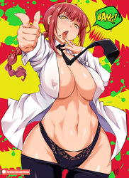 1girls bayeuxman big_breasts breasts chainsaw_man clothed curvy_figure eye_contact female finger_licking finger_to_tongue formal formal_attire formal_clothes formal_wear girl_in_suit image long_hair looking_at_viewer makima_(chainsaw_man) necktie nipple_bulge panties pants_down red_hair solo speech_bubble standing suit_and_tie text thick_thighs tongue tongue_out wide_hips woman_in_suit yellow_eyes