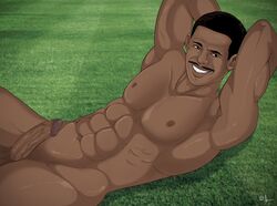 abs aobacarry black_hair brown_skin erection looking_at_viewer male_only moustache muscles muscular muscular_male on_grass penis smile solo_male vampeta veiny_penis