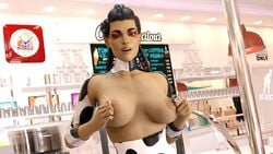 1girls 3d apex_legends big_breasts black_hair blender brown_eyes cow_print dark-skinned_female exhibitionism exhibitionist exposed exposed_breasts female flashing ice_cream lactation loba_(apex_legends) looking_at_viewer milk milk_squirt milking poster public public_nudity steps3d store