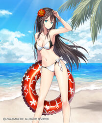 aqua_eyes astrid_von_draclow_(evertale) bangle bangs bare_shoulders beach bikini black_hair bracelet breasts collarbone day evertale female flower groin hair_flower hair_ornament jewelry kagachi_saku long_hair looking_at_viewer medium_breasts navel ocean official_art outdoors sand solo stomach swimsuit thighs white_bikini