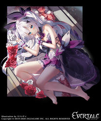 aria_(evertale) artist_name barefoot blue_eyes copyright_name dress evertale feet female fetal_position flower high_resolution looking_up lying no_bra official_art on_side red_flower red_rose rose skirt skirt_lift solo sukocchi tied_hair twintails two_side_up very_high_resolution white_flower white_hair white_rose