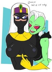 2girls areolae big_breasts black_skin breasts busty crossover crossover_pairing disney dr-empirezombie duck_dodgers green_skin looney_tunes lord_dominator multiple_girls nipples queen_tyr'ahnee tagme text wander_over_yonder warner_brothers