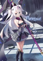 aria_(evertale) artist_name bangs blue_eyes breasts cleavage copyright_name dress evertale female high_heels high_resolution holding holding_scythe looking_to_the_side no_bra official_art scythe shoes small_breasts solo thighhighs two_side_up very_high_resolution walking weapon white_hair