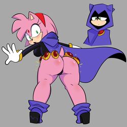 amy_rose anthro ass belt cloak clothed cosplay dc furry green_eyes hedgehog monamania pink_fur raven_(cosplay) sonic_(series) sonic_the_hedgehog_(series) sweetdandy tail teen_titans waist_belt