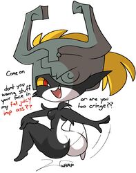 ass black_body breasts cute_fangs english_text fangs female imp imp_midna looking_back midna open_mouth open_smile red_eyes simple_background slapping small_breasts text the_legend_of_zelda tongue twilight_princess vilepluff white_background white_body yellow_sclera