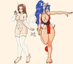 2girls 5_toes alternate_version_at_source barefoot blue_hair breasts brown_eyes brown_hair capcom clothing crossover darkstalkers duo erect_nipples erect_nipples_under_clothes feet felicia female female_only hi_res king_of_fighters long_hair mai_shiranui multiple_girls navel partially_clothed pointing ponytail red_nails red_toenails signature simple_background small_breasts snk toenail_polish visible_nipples wolfdog_shiranui