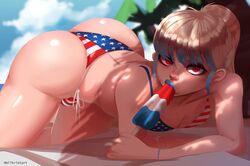 1boy 1femboy all_fours american_flag american_flag_bikini artist_name beach big_ass bikini blonde_hair blue_lipstick bulge clouds cream_(milkriot) femboy flat_chest highlights large_ass lipstick makeup male male_only milkriot ocean original original_character palm_tree ponytail popsicle red_eyes side-tie_bikini solo sucking suggestive tied_hair towel trap