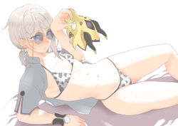 1male animal_print artist_request bikini bikini_bottom bikini_top blue_eyes blush bracelet bulge cow_print cow_print_bikini crossdressing eyebrows_visible_through_hair fate/grand_order fate_(series) femboy gao_changgong_(fate) highres holding holding_object light-skinned_femboy light-skinned_male long_hair looking_at_viewer lying lying_on_back male male_focus male_in_bikini male_only navel non-nude pose purple-tinted_eyewear seductive silver_hair solo source_request sunglasses sweat tagme thighs tied_hair tinted_eyewear trap