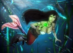 beads black_hair cleavage dolphin female female_focus final_fantasy final_fantasy_vii hi_res huge_breasts long_hair looking_at_viewer mermaid png red_eyes red_tail seashell_bra sreliata_(artist) tifa_lockhart underwater voluptuous water