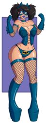 batman batman_(series) big_lips bimbo bimbofication black_hair blue_lipstick boots bryce_wayne cape corset cowl crossgender dc female fishnets genderswap_(mtf) gloves heart-shaped_pupils high_heels hourglass_figure large_breasts navel nipples panties rule_63 thick_lips thick_thighs wide_hips wrenzephyr2