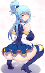 1girls aqua_(konosuba) ass big_ass big_breasts big_butt blue_eyes blue_hair blush boots bottomless breasts eye_contact female hair_ornament heel_boots high_heel_boots kono_subarashii_sekai_ni_shukufuku_wo! looking_at_viewer looking_back ponpo sideboob skirt squatting thick_ass thigh_boots thighhigh_boots white_background