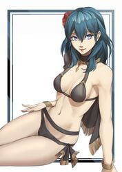 1girls alternate_costume bikini black_bikini black_swimsuit blue_eyes blue_hair byleth_(fire_emblem) byleth_(fire_emblem)_(female) byleth_(summer)_(fire_emblem)_(female) cape female fire_emblem fire_emblem:_three_houses fire_emblem_heroes flower flower_in_hair hair_flower lipstick medium_hair nintendo sitting solo swimwear white_skin x_xith_x