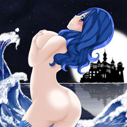 1girls ass blue_eyes blue_hair blush bubble_butt dat_ass fairy_tail female hands_on_breasts juvia_lockser lipstick looking_at_viewer medium_hair naked nipples nude ocean outdoors outside planeptune sideboob solo water white_skin