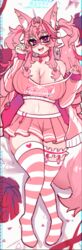 big_breasts choker dakimakura fox_ears fox_tail glasses huge_breasts kireina_pinky_fox looking_at_viewer lowres miniskirt mole_on_breast osiimi peace_sign pink_hair pink_nipples pinky_fox_(osiimi) tank_top thick_thighs thighhighs twintails virtual_youtuber