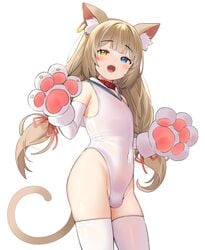 1boy :d absurdres animal_ear_fluff animal_ears bangs belt_collar blonde_hair blue_eyes blush bulge cat_boy cat_ears cat_paws cat_tail catboy collar competition_swimsuit covered_navel crossdressing crossdressing_male cute_fang elbow_gloves eyebrows_visible_through_hair femboy feminine_male flat_chest girly gloves heterochromia highres leotard long_hair looking_at_viewer low_twintails male male_focus male_only meettheton oerba_yun_fang one-piece_swimsuit open_mouth original otoko_no_ko paw_gloves paws sailor_collar simple_background solo standing swimsuit tail thighhighs trap twintails white_background white_legwear white_swimsuit yellow_eyes