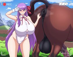 1animal 1boy 1girls affront_to_nature animal_genitalia animal_penis anus backsack balls bb_(fate) bb_(swimsuit_mooncancer) beast_rimming breasts brown_fur camera camera_view cloud curvaceous curves curvy_body curvy_figure eye_contact eyebrows_visible_through_hair fate/extra_ccc fate/grand_order fate_(series) feet_out_of_frame female feral_smegma flies_for_smell gloves grass_field hair_ornament hair_ribbon horse horse_penis horsecock huge_balls huge_breasts huge_cock huge_testicles imminent_rimming interspecies large_breasts large_penis large_testicles larger_male long_hair looking_at_viewer male_anus matching_hair_and_eye_color ntremi one-piece_swimsuit outdoors penis purple_eyes purple_hair ribbon size_difference smegma swimsuit testicles thick_thighs thighs unseen_male_face v voluptuous wooden_fence zoophilia