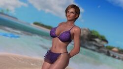 1girls 3d beach bikini bra brown_eyes brown_hair brown_skin cleavage dark-skinned_female dead_or_alive large_breasts latina lingerie lisa_hamilton loincloth purple_lingerie seaside short_hair thatsilkyboy thong voluptuous