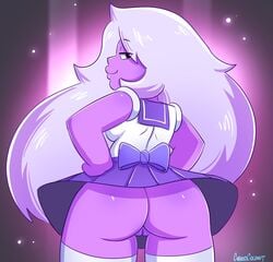 1girls amethyst_(steven_universe) ass big_ass big_butt bishoujo_senshi_sailor_moon black_eyes bubble_butt cartoon_network clothing cosplay crossover_cosplay cubedcoconut female female_only gem gem_(species) going_commando hands_on_hips lavender_hair long_hair looking_at_viewer looking_back no_panties purple_hair purple_skin purple_skirt pussy sailor_saturn_(cosplay) sailor_senshi_uniform school_uniform schoolgirl shirt skirt smile solo solo_female steven_universe steven_universe_future stockings uncensored upskirt white_legwear white_shirt white_stockings