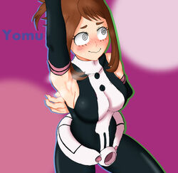 1girls armpits arms_up bob_cut brown_hair clothed clothes eyebrows female female light-skinned_female light_skin my_hero_academia ochako_uraraka solo_female sweaty_armpits thick_eyebrows yomu