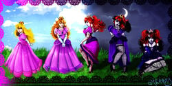 blonde_hair breasts clothed clothing dress eye_color_change female fishnets fully_clothed good_girl_gone_goth goth goth_peach gothification grass hair_color_change identity_death large_breasts mario_(series) nintendo outdoors pale_skin princess_peach red_hair rule_63 skin_color_change sky solo tagme thick_thighs trampy-hime transformation transformation_sequence