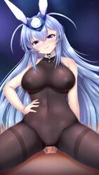 1boy 1girls 9:16 animated azur_lane blue_eyes blue_hair blush bodystocking bouncing_breasts breasts clothed_female_nude_male clothed_sex cowgirl_position crown faceless_male hand_on_hip hands_behind_back happy_sex heavy_breathing large_breasts long_hair looking_at_viewer mumu_(mumunyan) new_jersey_(azur_lane) nipples nipples_visible_through_clothing no_sound on_top riding riding_penis shorter_than_10_seconds smiling sweat vertical_video video