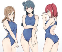 3girls alp ass bare_arms bare_thighs big_breasts blue_hair blue_swimsuit breasts brown_eyes brown_hair collarbone female female_only green_eyes hair_bun kunikida_hanamaru kurosawa_ruby long_hair looking_at_viewer love_live! love_live!_sunshine!! medium_breasts medium_hair multiple_girls one-piece_swimsuit red_hair simple_background swimsuit thighs tsushima_yoshiko white_background