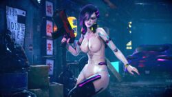 3d 3d_(artwork) belly blush car casual cd_projekt_red city cybernetics cyberpunk_2077 cyberware eyelashes female female_only firearm futuristic gun handgun hard_nipples hips long_fingernails looking_at_viewer makeup medium_breasts mod99 neon nude nude_female original_character pale_skin pose public purple_eyes purple_hair purple_lipstick rain short_hair skinny solo standing tattoo toyota_supra video_games weapon wet