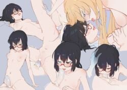 1futa 1girls after_kiss black_hair blonde_hair blue_eyes brown_eyes completely_nude fellatio futa_on_female futanari glasses heterochromia kamikoshi_sorawo long_hair medium_breasts navel nipples nishina_toriko nude penis pussy saliva sex short_hair urasekai_picnic vaginal_penetration yukikuma