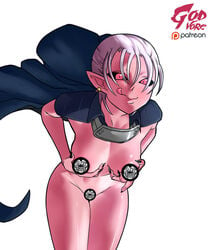 absorption cape censored claymore dragon_ball eye_color_change female godvore jeanne_(claymore) large_breasts majin_buu pink_goo skin_color_change transformation