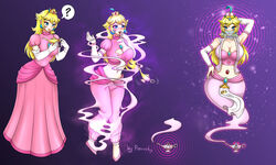 1girls big_breasts bimbo bimbofication blonde_hair blue_eyes brainwashing breasts cleavage djinn dress female female_only full_body fully_clothed genie identity_death lamp long_hair mario_(series) nintendo porniky princess_peach solo standing tagme transformation transformation_sequence