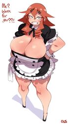 1girls anger_vein angry angry_expression angry_face areola_slip big_breasts bursting_breasts busty claudette_(lightsource) cleavage curvaceous curvy dialogue english_text female female_only hand_on_hip hi_res huge_breasts lightsource long_hair looking_at_viewer maid maid_uniform massive_breasts orange_hair original overflowing_breasts partially_clothed red_hair redhead solo solo_female speaking_to_viewer teeth_clenched veiny_breasts voluptuous white_background