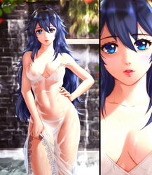 1girls bangs bare_arms blue_eyes blue_hair blurry blurry_background breasts cleavage collarbone covered_navel dress esther-shen fire_emblem fire_emblem_awakening hair_between_eyes hairband hand_on_hip lips long_hair looking_at_viewer lucina_(fire_emblem) medium_breasts nintendo paid_reward_available parted_lips pink_lips royalty see-through see-through_dress signature sleeveless sleeveless_dress solo solo_female split_screen standing sundress sweatdrop tiara very_long_hair wet wet_clothes wet_dress white_dress yellow_hairband