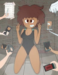 1girls amphibia anne_boonchuy dark-skinned_female disney disney_channel female_only female_protagonist nipple_bulge nipples nipples_visible_through_clothing one-piece_swimsuit partially_clothed peace_sign recording smooth_skin svendheim swimsuit thai thai_female video_camera voyeurism what when_you_see_it