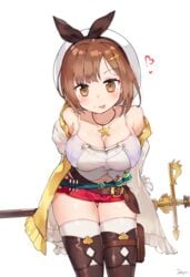 :p armpit_crease arms_behind_back atelier_(series) atelier_ryza bangs bare_shoulders belt beret blue_belt blush breasts brown_belt brown_eyes brown_hair cleavage clothing_cutout collarbone commentary eyelashes female gluteal_fold hair_ornament hairclip hat heart highres holding holding_polearm holding_weapon jacket jehyun jewelry large_breasts leaning_forward leather leather_belt looking_at_viewer navel navel_cutout necklace off_shoulder open_clothes open_jacket polearm pouch red_shorts reisalin_stout round-bottom_flask shiny shiny_skin shirt short_hair short_shorts shorts signature simple_background sleeveless sleeveless_jacket smile solo standing star_(symbol) star_necklace thigh_gap thigh_pouch thighhighs thighs tongue tongue_out vial weapon white_background white_headwear white_legwear white_shirt yellow_jacket