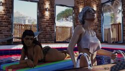 2girls 3d apex_legends big_ass big_breasts blender brown_eyes dark-skinned_female indoor_pool indoors light-skinned_female loba_(apex_legends) multicolored_hair pool pose poster revealing_clothes salamandraninja standing swimsuit valkyrie valkyrie_(apex_legends) watching wet