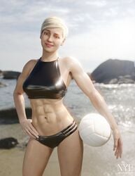 1girls 3d 3d_(artwork) 5_fingers abs athletic athletic_female beach bikini black_bikini blonde_hair brown_eyes cassie_cage clothed clothed_female clothes clothing day female fit fit_female fully_clothed hand_on_hip hi_res human human_only light-skinned_female light_skin lipstick looking_at_viewer makeup medium_breasts mortal_kombat mortal_kombat_11 navel netherrealm_studios nyl2 ocean outdoors outside pink_lips pink_lipstick sand six_pack smile standing swimsuit toned toned_female volleyball water