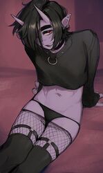 1boy black_hair black_thighhighs collar ear_piercing femboy fishnet_pantyhose fishnets garter_straps girly goth hi_res ittla leaning_back looking_at_viewer male male_only oni oni_horns panties pantyhose_down pointy_ears purple_skin red_eyes ren_(ittla) smiling smiling_at_viewer solo solo_male thick_eyebrows thighhighs viewed_from_above